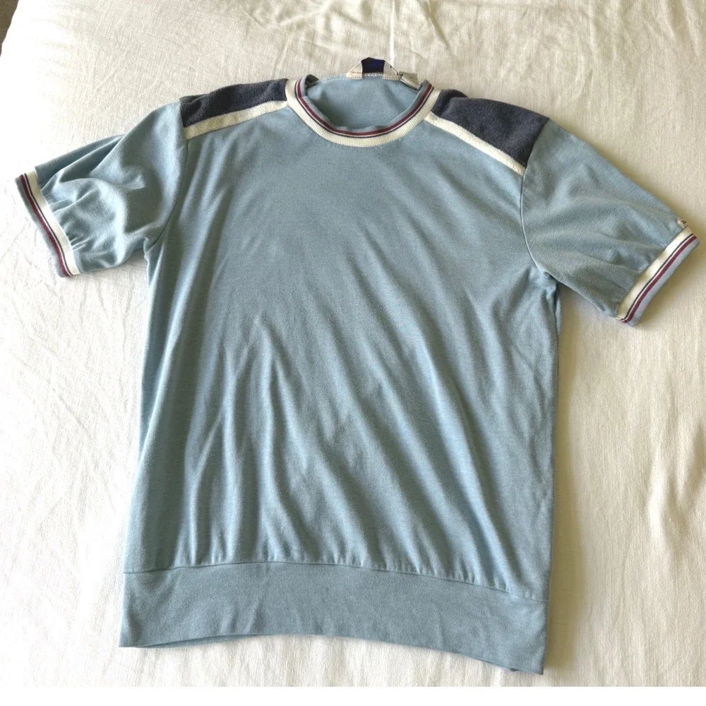 60's Thumbs Up Sears Blue Knit Shirt‎ Terry Shoulder Colorblock Large Distressed